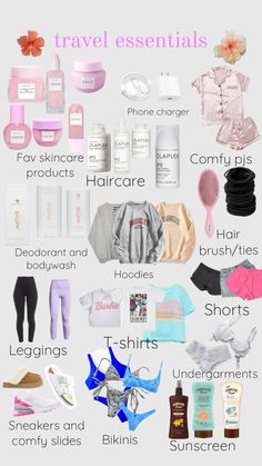 the ultimate travel essentials for women in pink, white and blue with text overlay