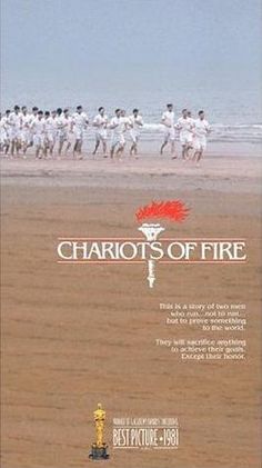 the poster for chariots of fire is on display in front of a group of people