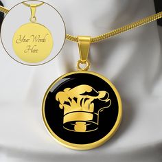 "Unique Personalized Chef Necklace!  Great idea as a Chef Gift ➜ Our patent-pending jewelry is made of high quality surgical steel with a shatterproof liquid glass coating to protect the high resolution printed image. ➜ Our jewelry is hand-made in the U.S.A. This Chef Pendant Is the Perfect Gift for Vegetarians! Whether for Yourself or a Loved One. ➜ If the custom engraving option is available, engrave onto the back of the pendant your loved one's name, your wedding date, an anniversary, or anything else you want to remember and keep you close to her heart. Each personalized piece offers exceptional craftsmanship that is fit to be an instant classic in your family. You can add 2 lines and each up to 20 characters long (including spaces).  Product Dimensions ➜ Luxury Necklace: 18-22\" (45-5 Chef Necklace, Cooking Gift, Chef Gifts, Glass Coating, Chefs Hat, Luxury Necklace, Gifts For Cooks, A Chef, Wedding Date