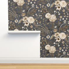 an image of a wallpaper with flowers and leaves on the wall next to it