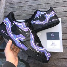 Purple Lightning Custom Air Force 1-shecustomize Custom Nike Shoes Air Force, Custom Shoe Designs, Custom Shoes Design, Custom Jordan Shoes, Customised Shoes, Customize Shoes, Customized Shoes, Nike Shoes Women Fashion, Custom Sneakers Diy