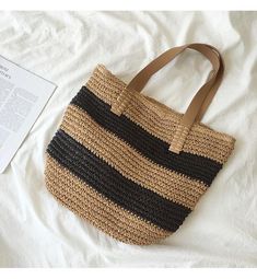 Striped Straw Woven Tote Bag, Retro Vibes, Summer Bag, Everyday Should – Elena Handbags Casual Brown Woven Beach Bag, Trendy Brown Straw Beach Bag, Trendy Brown Straw Bag For Beach, Trendy Brown Crochet Bag For Beach Season, Trendy Beige Crochet Bag For Beach, Trendy Beige Crochet Beach Bag, Summer Beach Shoulder Bag Made From Palm Leaf, Beige Lightweight Straw Bag For Beach, Lightweight Beige Straw Bag For Beach