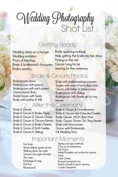 a wedding photography shoot list with flowers