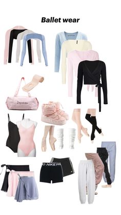 various types of ballet clothes are shown in this image with the words ballet wear on it