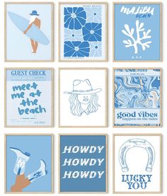 six blue and white posters with different designs