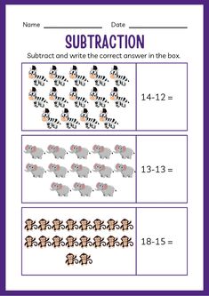 the subtraction worksheet is filled with pictures and numbers to help students learn how