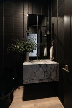 a bathroom with black walls and marble counter top, potted plant in the corner