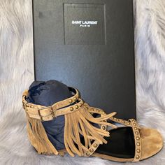 Brand New Saint Laurent Studded Fringe Suede Gladiator Sandal. Size 38. Never Worn. Comes With Original Box Saint Laurent Sandals, Toe Loop Sandals, Leather Platform Sandals, Platform Sandals Heels, Saint Laurent Shoes, Gold Baby, Sandals Summer, Ankle Strap Sandals, Gladiator Sandals