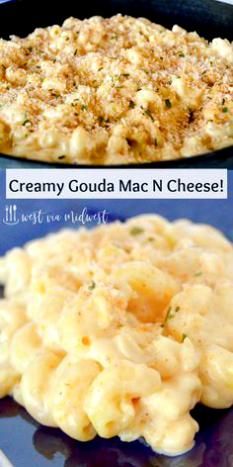 three different types of macaroni and cheese are shown in this collage with the words creamy goda mac n cheese