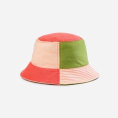 Jacquard knit bucket hat with neon topstitching that is colourful. Dependable, high-quality knits. Color Block Bucket Hat, Patchwork Bucket Hat, Knit Bucket Hat, Unconventional Materials, Bucket Hat Pattern, Knit Accessories, Garment Sewing, Colorful Hat, Hat Patches