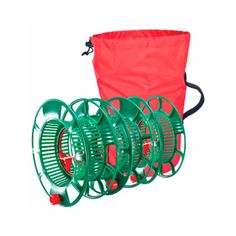 three green reels and a red bag