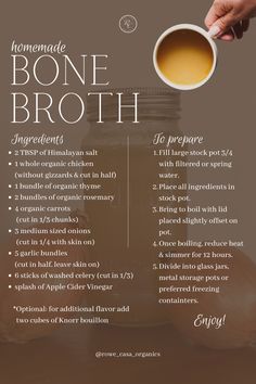 the ingredients for homemade bone broth are shown in front of a brown background with white lettering