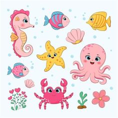 various sea animals and fish on a white background