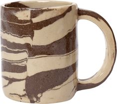 a brown and white striped coffee mug on a white background