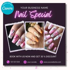 an advertisement for nail salon with pink and white designs on it, including two pictures of the