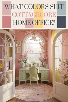 the interior of a home office painted in pink and yellow