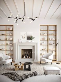 a living room filled with furniture and a fire place in front of a book shelf