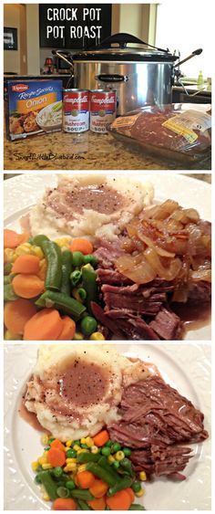 two pictures show different types of food on the counter and in front of an open crock pot