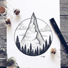 a drawing of a mountain surrounded by pine trees and mountains in the middle of it