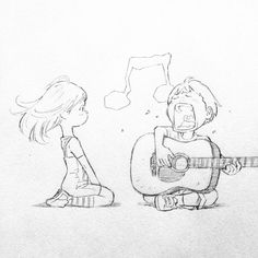 a pencil drawing of two children playing guitar