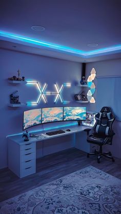 a computer desk with two monitors and a keyboard on top of it in a room