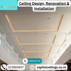 an advertisement for ceiling design, renovation and installation in a building with the caption contact us