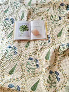 an open book sitting on top of a bed next to a quilted coverlet