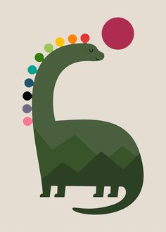 a green dinosaur with colorful dots on it's head