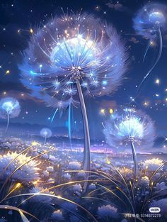 the dandelions are flying in the night sky