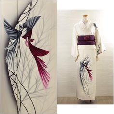 Vintage Semi Formal Kimono, Modern Bird Design Silk A: Take(length) 162cm B: Yuki( center to sleeve ) 64cm C: Sode Take(Sleeve length ) 48cm D: Width 134cm Please note: Kimono Item only Obi or other accessories are not included. Condition: C (has marks on the lining, collar, front&back) A: Good as brand new. B: The second hand might have some small marks or damages but is still in quite good condition. C: There are some marks or damages, but it is in good condition. D: Has many marks or damages. Formal Kimono, Kimono Modern, Moda Kimono, Traditional Japanese Kimono, Kimono Vintage, Modern Birds, Traditional Kimono, Vintage Japan, Japanese Kimono