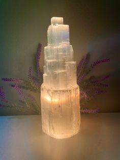 a stack of crystal blocks sitting on top of a table next to a purple plant