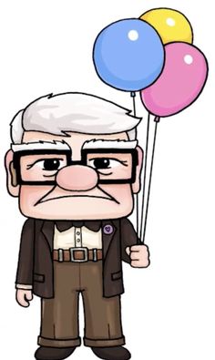 an old man with glasses holding balloons