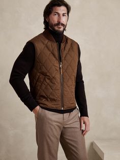 Luis Quilted Vest | Banana Republic Padded Vest Outfit, Puffer Vest Outfit Men, Casual Vest Outfits, Brown Vest Outfit, Quilted Vest Outfit, Brown Pants Men, Vest Outfits Men, Puffer Vest Outfit, Hoodie Weather