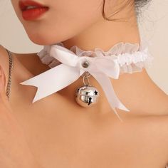 This Cute Bell Choker Is A Wonderful Addition To Your Wardrobe And Your Style! A Pretty And Unique Wear! Great For Fancy Events, Halloween, Cosplay, Festivals, Or Anytime! Gsun2y50x0005j9-1 Gshmv000q0006ap-1 Bell Choker, Bow Choker, Silhouette Necklace, Heart Costume, White Choker, Abstract Pendant, Cute Ribbon, Velvet Choker Necklaces, Ribbon Choker