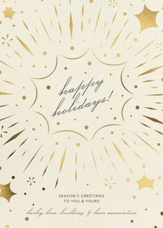 a white and gold birthday card with stars in the middle, says happy holidays season's greetings to you & yours