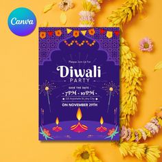 a purple and yellow birthday party with flowers on the side, next to it is an image of diwali