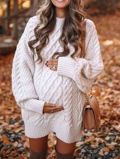 Momyknows White Oversized Cable Knitting Streetwear Mini Maternity Pullover Sweater Dress Dressy Maternity Outfits Fall, Pregnacy Outfits Fall, Maternity Autumn Outfits, Fall Maternity Outfits, Casual Maternity Outfits, Winter Maternity Outfits, Maternity Sweater Dress, Trendy Maternity Outfits, Cute Maternity Outfits