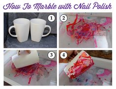 how to make marble with nail polish and coffee mugs on the counter for painting