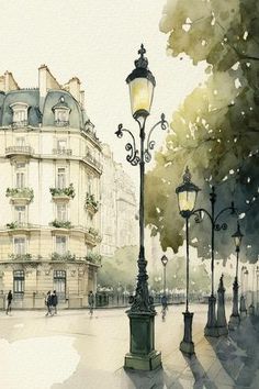 watercolor painting of people walking on the street in front of buildings and lampposts