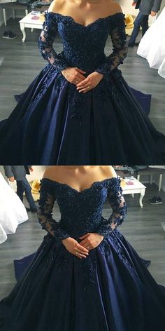 Vestido azul escuro Midnight Blue Prom Dresses, Navy Blue Wedding Dress, Wedding Dresses Off Shoulder, Wedding Dress Tea Length, Long Sleeve Ball Gown Wedding Dress, Dresses Off Shoulder, Long Sleeve Ball Gowns, Trendy Wedding Dresses, Blue Wedding Dresses