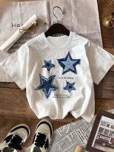 Blanco Casual Collar manga corta Tela tejida Animal,Geométrico,Frase  Embellished No-Elástico Short Noir, Girls T Shirts, Star Pattern, Sleeves (women), Kids Beachwear, Casual Girl, Two Piece Outfit, Girls Clothing, Amazing Products