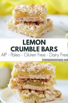 lemon crumble bars stacked on top of each other with the title above it