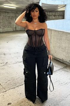 All Black Model Outfit, Black Skirt Dinner Outfit Classy, Birthday Causal Outfit, Outfits With Black Mesh Top, Dallas Brunch Outfit, Baddie Outfits Mid Size, Soca Concert Outfit, Corset And Cargo Pants Outfit With Heels, Plus Size Los Angeles Outfits