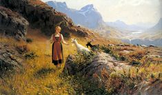 a painting of a woman and her dog on a mountain