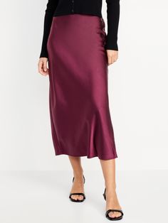 elasticized back waist left side slit pull-on style sits at belly button semi fitted hits mid-calf models are approx.  5'9" and wear sizes s (4), l (12), and xl (18)machine wash according to the care instruction label Burgundy Clothing, Burgundy Midi Skirt, Satin Skirt Outfit, Midi Slip Skirt, Feminine Blouses, Womens Business Casual, Autumn Clothes, Tee Shirt Dress, Slip Skirt