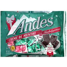 Andes Creme De Mente Indulgence Christmas 7.6 oz. Bag - For fresh candy and great service, visit www.allcitycandy.com Andes Candies, Andes Mints, Festive Packaging, Chocolate Dipped Treats, Individually Wrapped Candy, Nostalgic Candy, Mint Ice Cream, Orange Candy, Chocolate Sandwich