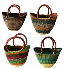 four baskets with handles are shown in different colors