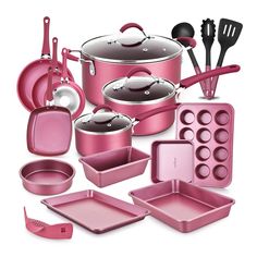 an assortment of pink kitchenware including pots, pans and utensils