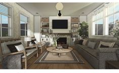 a living room filled with furniture and a flat screen tv mounted to the wall over a fireplace