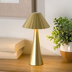 a gold lamp sitting on top of a wooden table next to a potted plant